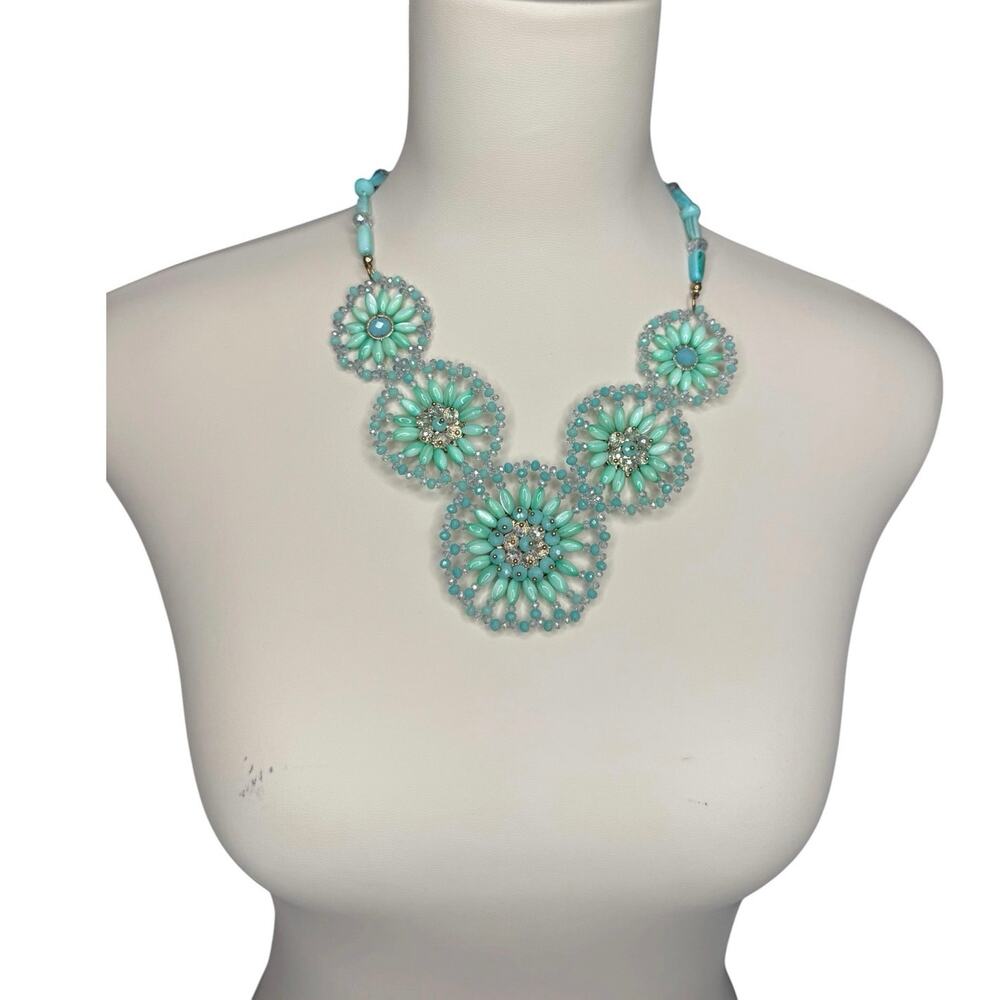 Mint Blue Floral Statement Bib Necklace Beaded Crystal Boho Cottagecore Y2K